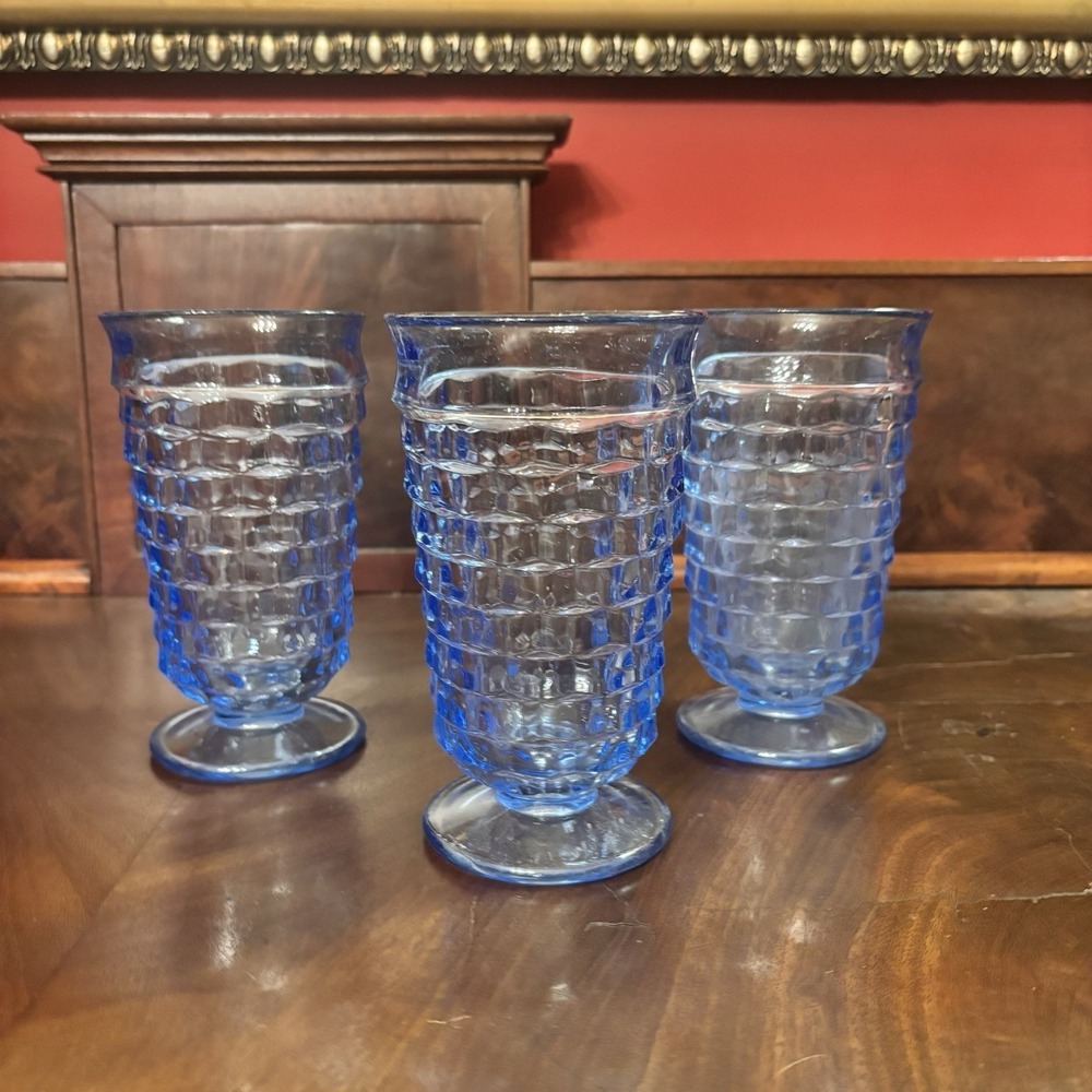 Vintage Indiana Colony Whitehall Blue Footed Tea Glasses Tumblers Set of 3 Retro